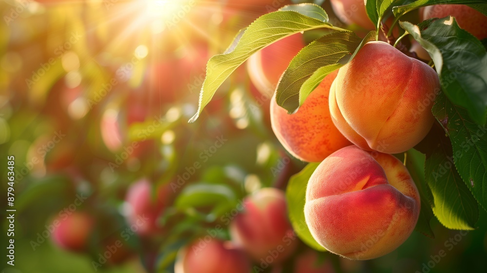 Ripe Peaches Hanging on Tree Branch in Morning Sunlight Ripe Peaches Hanging on Tree Branch in Morning Sunlight