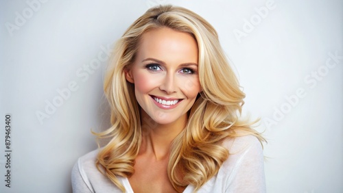 Flawless complexion of a vibrant thirty five year old blonde woman radiates warmth and happiness against a pristine white backdrop.