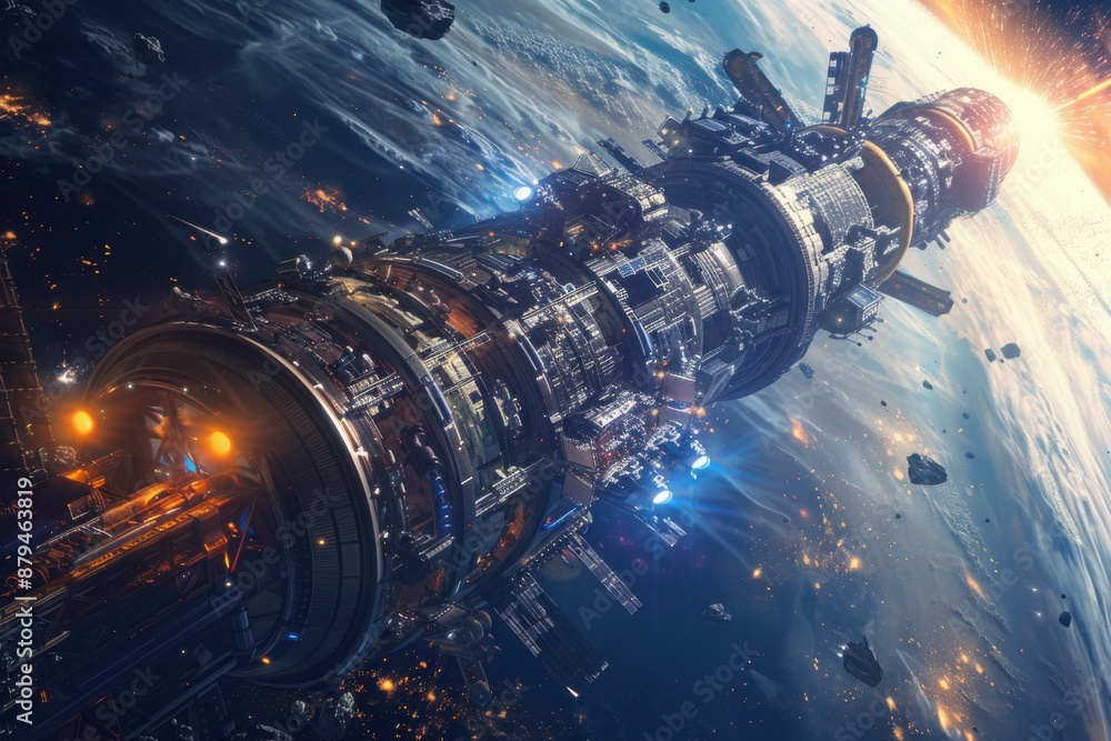 A futuristic space station orbiting a distant planet A futuristic space station orbiting a distant planet