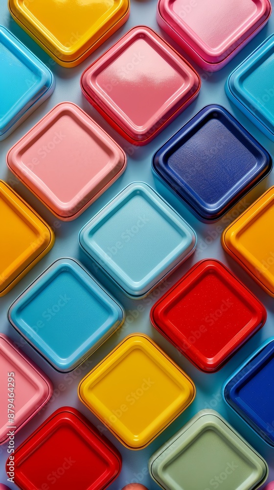 A colorful array of square containers, each with a different color A colorful array of square containers, each with a different color