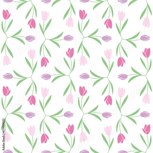 tulip flower pattern with purple color and easy red and green leaves, simple and attractive design, vector image on white background seamless wallpaper