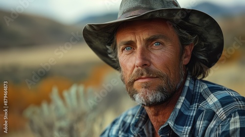 A man wearing a hat and plaid shirt is captured in a natural outdoor setting, with blurred elements in the background that suggest a wilderness or rural area.
