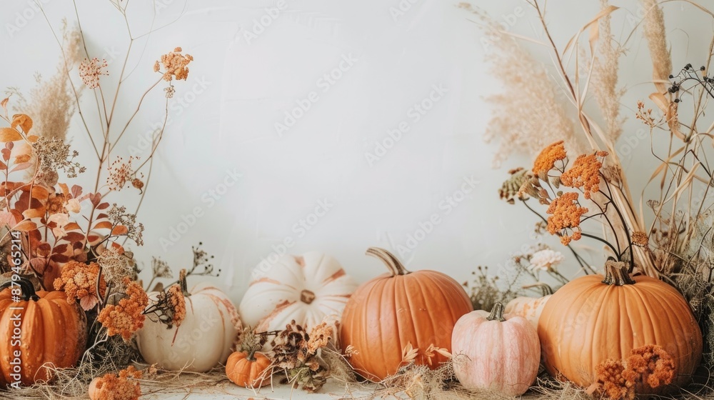 Bohemian inspired autumn decor featuring pumpkins dried blooms and empty area for text