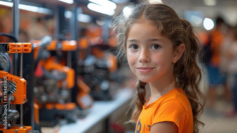 A young girl, with long, wavy hair, observes an array of machines up close, capturing a moment of curiosity and wonder in a modern setting dedicated to learning and discovery. A young girl, with long, wavy hair, observes an array of machines up close, capturing a moment of curiosity and wonder in a modern setting dedicated to learning and discovery.