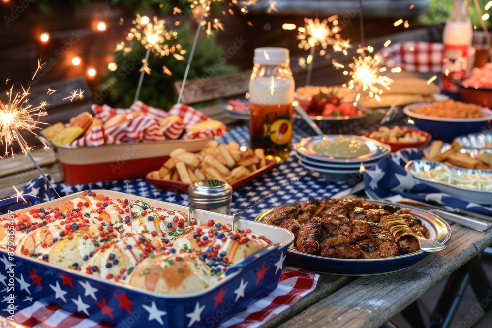 Fototapeta premium Festive outdoor picnic with colorful lights, sparklers, and patriotic-themed cups on a blanket in the evening.. Beautiful simple AI generated image in 4K, unique.