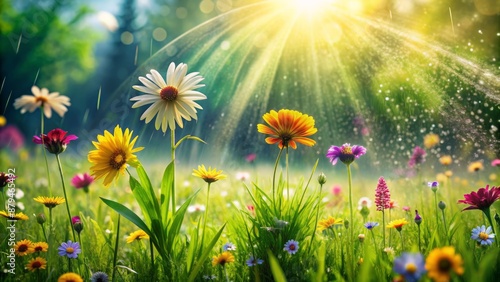 Serenene sunny meadow with lush green grass, vibrant flowers, and misty raindrops on leaves, exuding joy and harmony with nature.