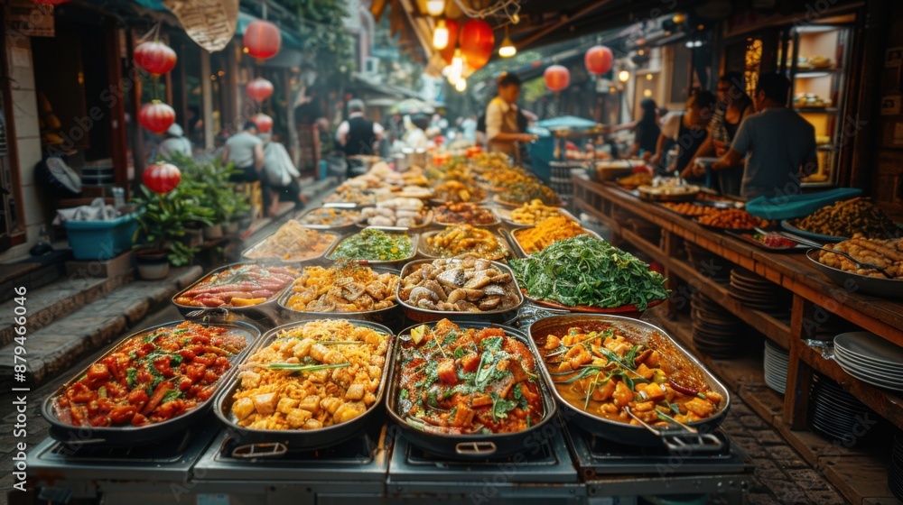 Fototapeta premium Flavorful Delights: Vibrant Street Food Market Captured with Canon EOS M6