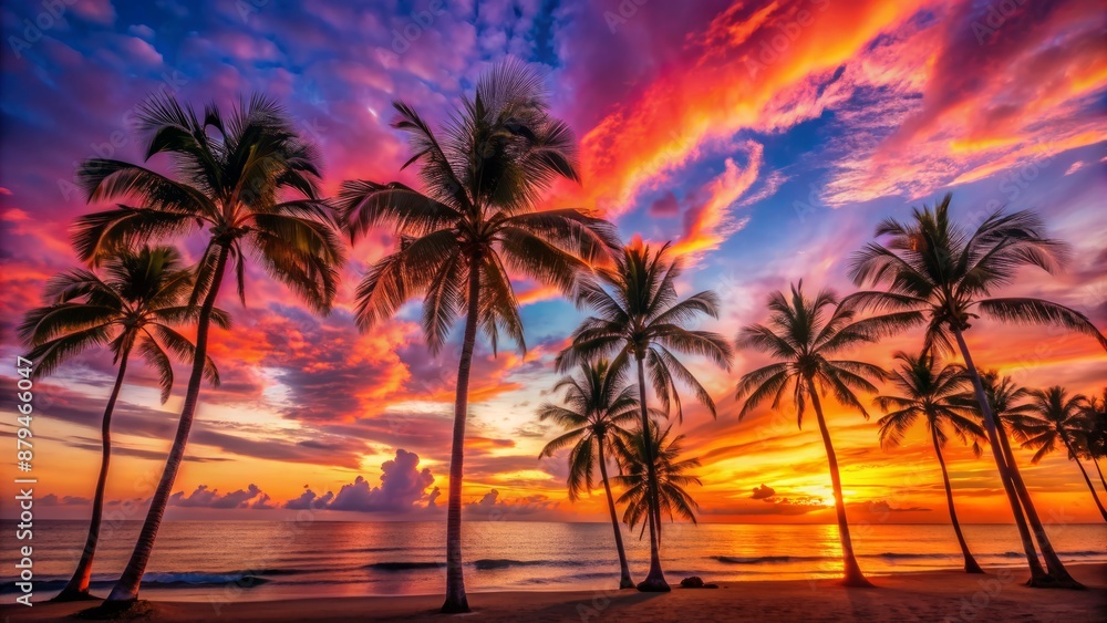 Vibrant sunset sky with warm orange and pink hues, palm trees silhouetted against a tranquil beach landscape backdrop. Vibrant sunset sky with warm orange and pink hues, palm trees silhouetted against a tranquil beach landscape backdrop.