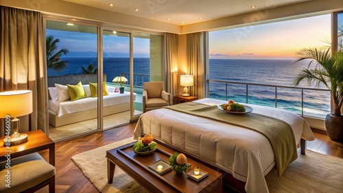 Soothing ambiance of elegant spa resort suite with plush bedding, serene ocean views, and indulgent amenities for ultimate relaxation escape. © DigitalArt Max