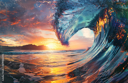 Colorful sunset inside the barrel of wave . perfect surfing water wave tube in ocean with beautiful colorful sunrise and mountains on background. view from under waves