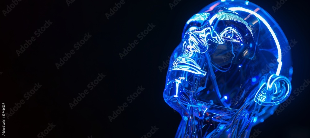 glass humanoid robot head, made of plastic pipes neon blue light glowing on black background, copy space, futurist tech poster glass humanoid robot head, made of plastic pipes neon blue light glowing on black background, copy space, futurist tech poster