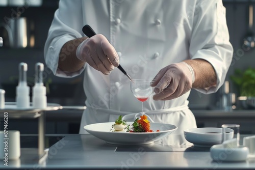 Fototapeta Naklejka Na Ścianę i Meble -  molecular gastronomy chef using tools and techniques to create edible masterpieces, minimalist kitchen equipment and clean, modern aesthetics to  innovation and artistry of molecular gourmet cuisine