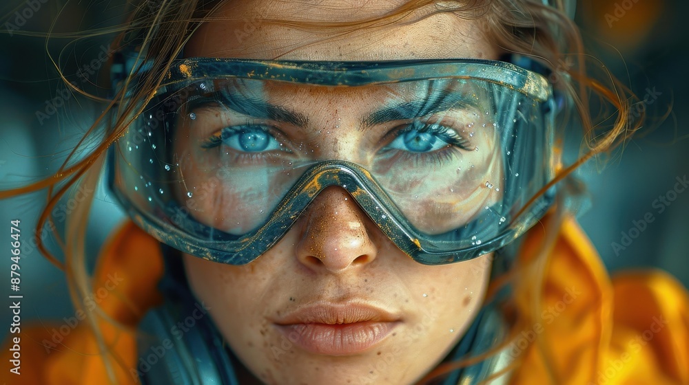 An industrial worker wearing safety goggles and a yellow helmet captured in close-up detail, representing dedication and professionalism in a highly secure industrial setting. An industrial worker wearing safety goggles and a yellow helmet captured in close-up detail, representing dedication and professionalism in a highly secure industrial setting.