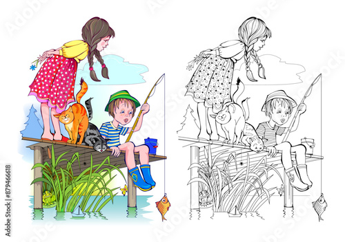 Colorful and black and white page for kids coloring book. Illustration of a boy and a girl fishing on a lake. Worksheet for children and adults. Vector cartoon drawing.