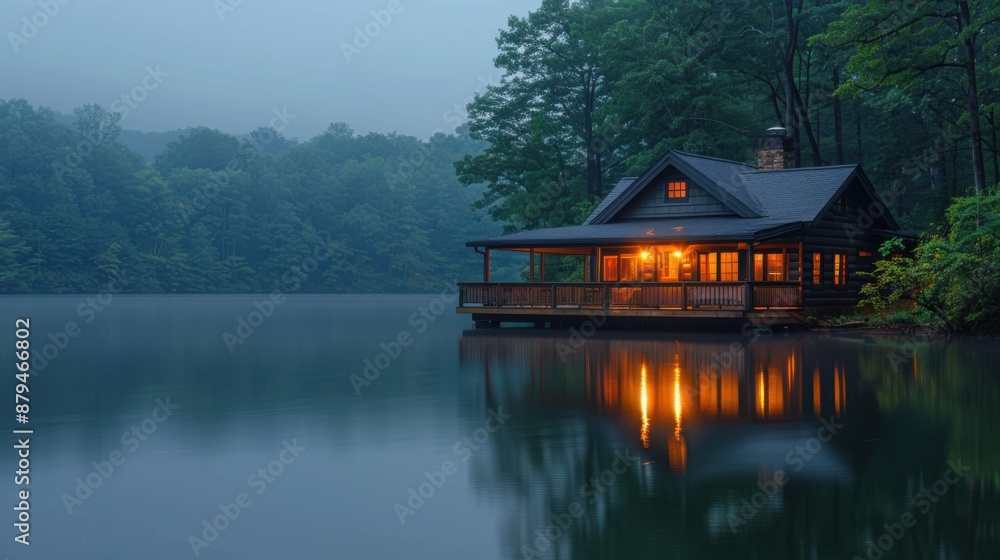 Tranquil Lakeside Cabin at Dusk with Illuminated Interior and Reflection on Still Water, Captured with Nikon D3400 Camera Tranquil Lakeside Cabin at Dusk with Illuminated Interior and Reflection on Still Water, Captured with Nikon D3400 Camera