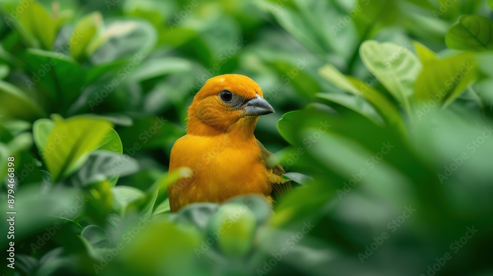 Bright orange bird amidst lush green leafy foliage, showcasing beautiful contrast in a natural garden setting. Bright orange bird amidst lush green leafy foliage, showcasing beautiful contrast in a natural garden setting.