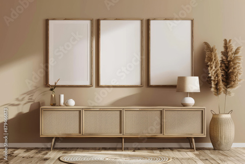 Modern Interior Wall with Decorative Canvases and Sideboard