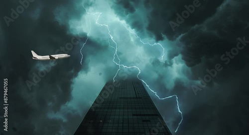 Stormy Skies and Lightning Near Skyscraper