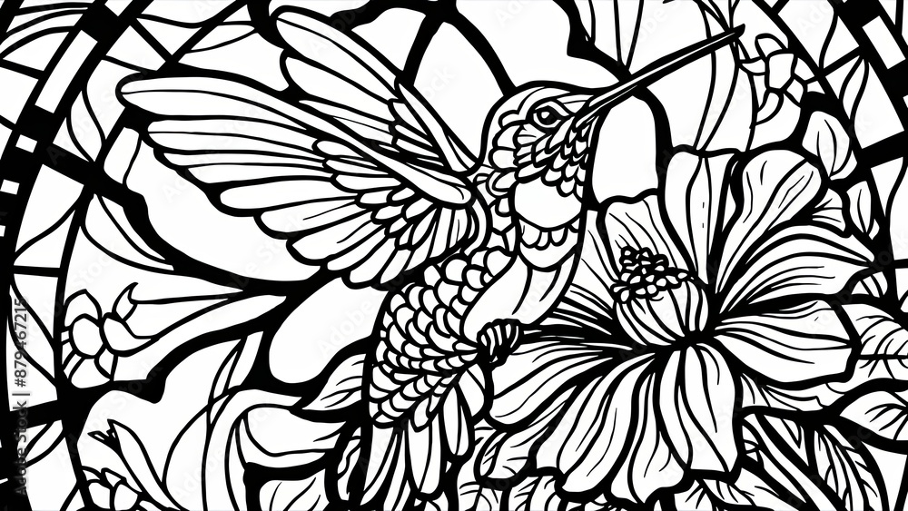 Obraz premium A beautiful, intricate black and white coloring page featuring a hummingbird stained glass window Generative AI