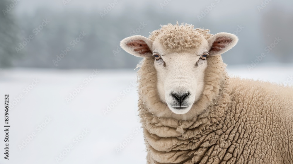 Close-up of a sheep with thick wool standing in a snowy field, showcasing the beauty of winter and nature. Close-up of a sheep with thick wool standing in a snowy field, showcasing the beauty of winter and nature.