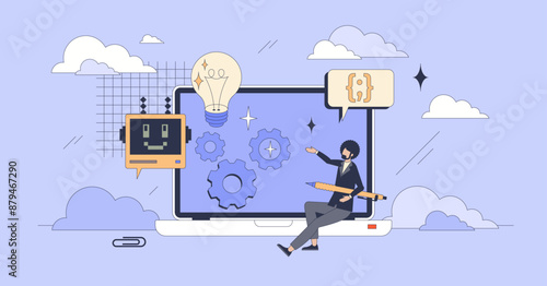 AI for coding and software programming tiny person neubrutalism concept. Write script for website or application with artificial intelligence assistance and automation help vector illustration.