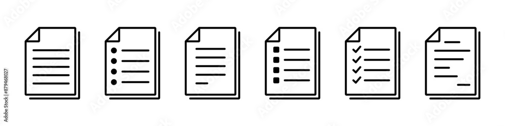 Document icon. File page vector set. Checklist paper symbol isolated on white background. Document icon. File page vector set. Checklist paper symbol isolated on white background.