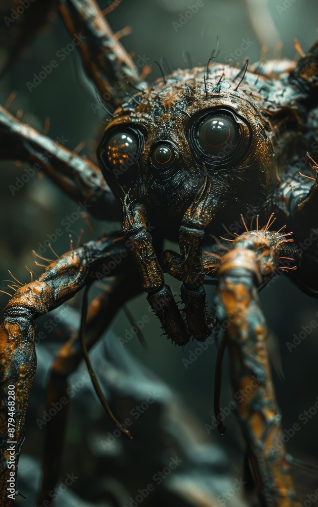 Close-up of a large, hairy spider with prominent eyes. Close-up of a large, hairy spider with prominent eyes.