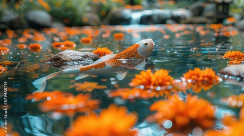 Tranquil Zen Garden Oasis with Koi Pond and Blooming Flowers Captured with Fujifilm X100V 23mm f/2 Lens for Serene Photography photo