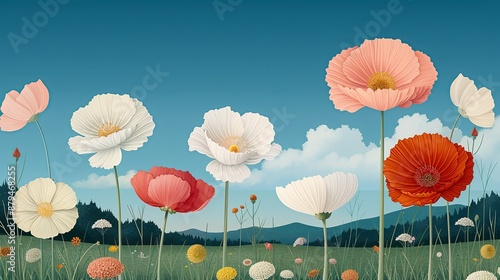 Abstract background of colorful nature scenes with vibrant floral patterns illustrating blooming flower fields where each blossom adds a burst of color to the verdant surroundings Illustration,