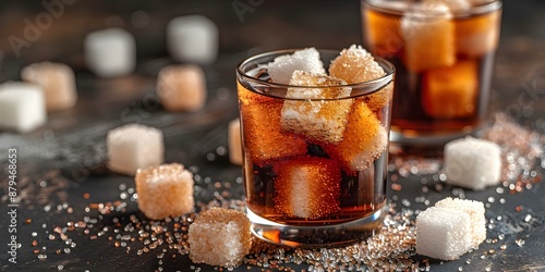 Pile of sugar cubes next to soda glass highlights high sugar content. Concept Health Awareness, Nutrition Facts, Sugar Overload, Hidden Calories, Sweet Temptation photo