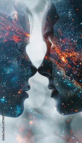 Abstract portrait of two faces merging with a starry nebula background.