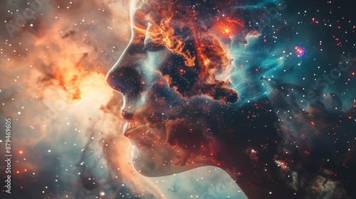 Abstract portrait of a woman's face formed from cosmic nebulae and stars.