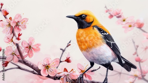 Vibrant yellow bird perched on a blossoming pink cherry tree branch, symbolizing spring and nature's beauty.