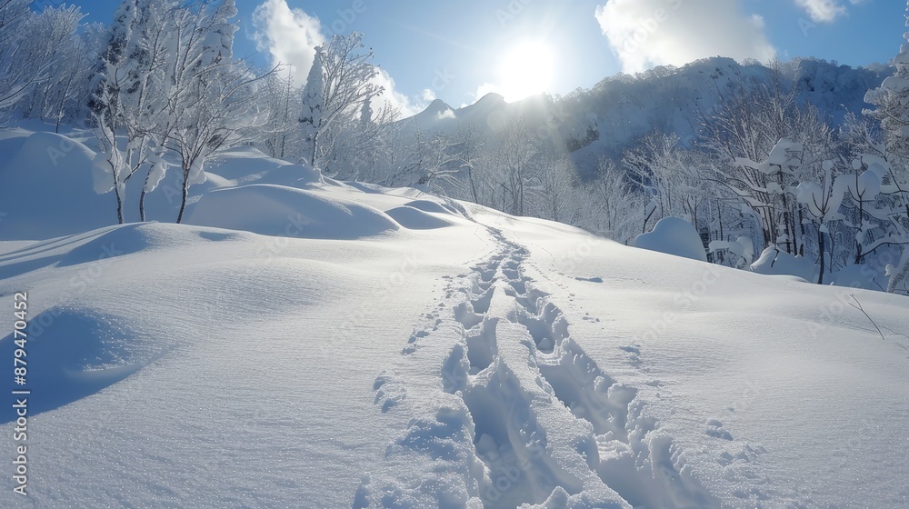 Footprints lead through a snowy landscape towards a majestic mountain range under a clear blue sky. Footprints lead through a snowy landscape towards a majestic mountain range under a clear blue sky.