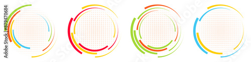 Abstract geometric design in the shape of a circle with colored spiral lines on a background of dots. Radial rotating halftone shape. For posters, banners, logos, badges. Vector illustration.