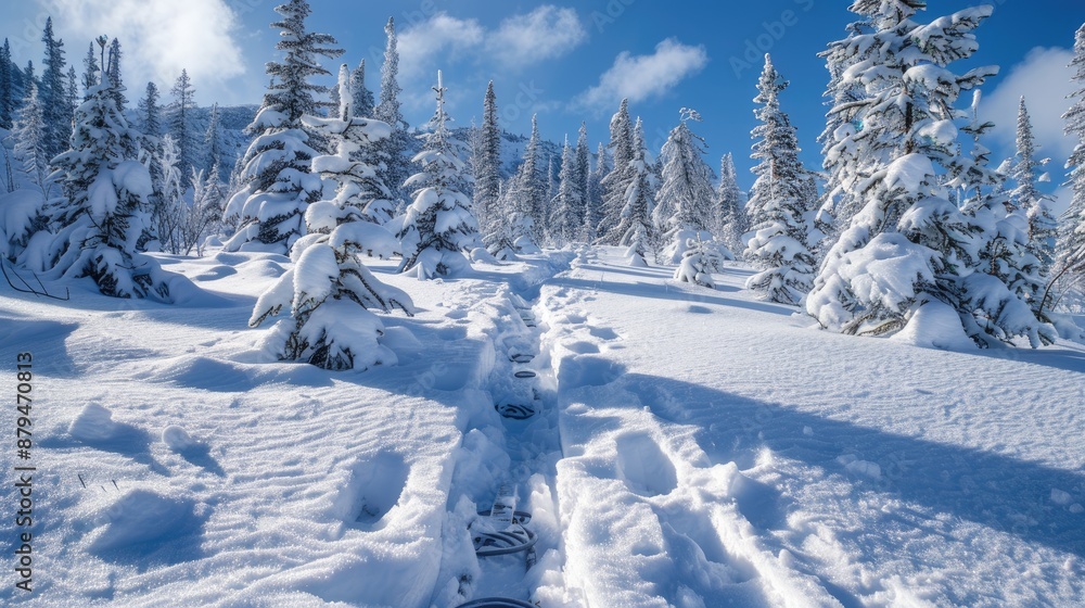 Footprints in the snow leading into a serene winter forest at sunset, with sunlight casting a warm glow on the fresh snow. Footprints in the snow leading into a serene winter forest at sunset, with sunlight casting a warm glow on the fresh snow.