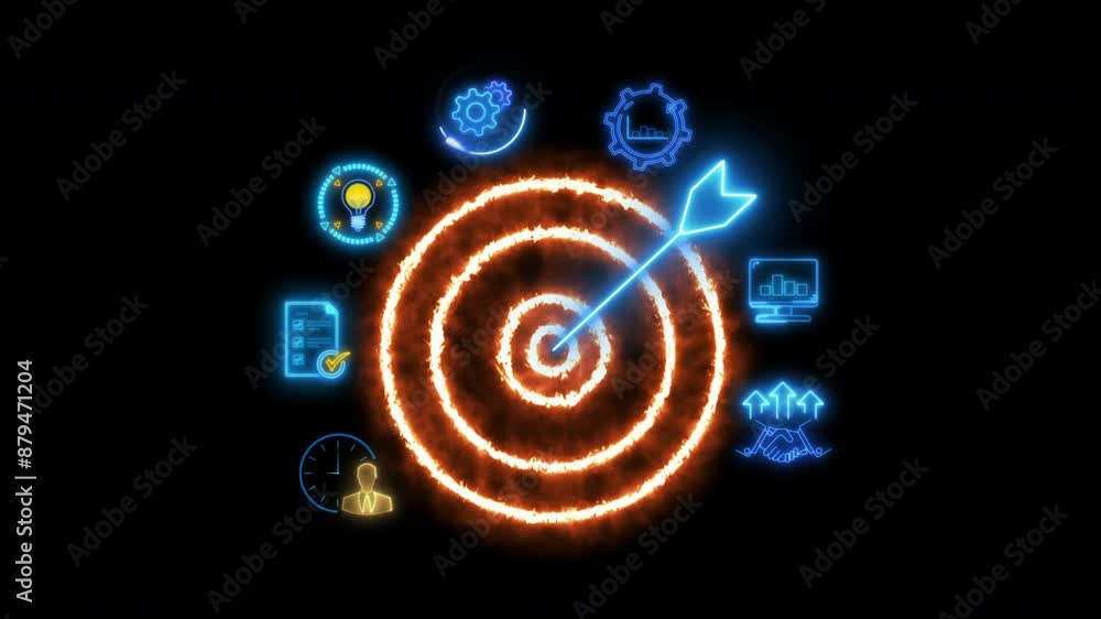 Glowing neon line of fire target icon. Finding or analyzing business goals achievement, strategy, action plan, purposefulness, planning development leadership and customer target group concept. Glowing neon line of fire target icon. Finding or analyzing business goals achievement, strategy, action plan, purposefulness, planning development leadership and customer target group concept.
