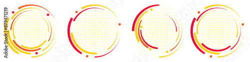 Abstract geometric design in the shape of a circle with colored spiral lines on a background of dots. Radial rotating halftone shape. For posters, banners, logos, badges. Vector illustration.