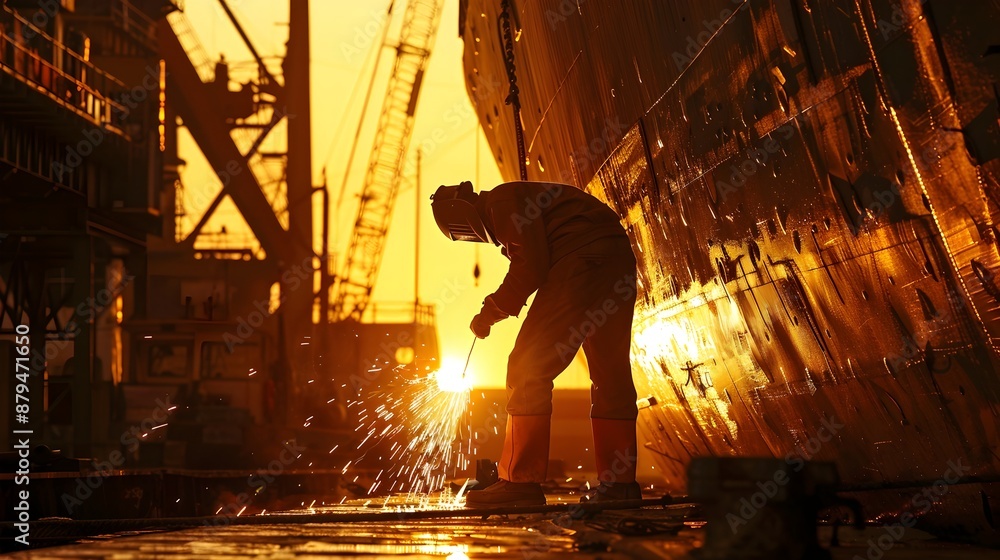 Silhouette of Shipbuilder Welding in Dry Dock,Industrial Metalwork Scene Silhouette of Shipbuilder Welding in Dry Dock,Industrial Metalwork Scene