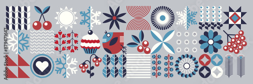 Winter geometric floral pattern. Ukrainian style. Scandinavian motifs. Merry Christmas and Happy New Year! Snowflakes, flowers, berries. 