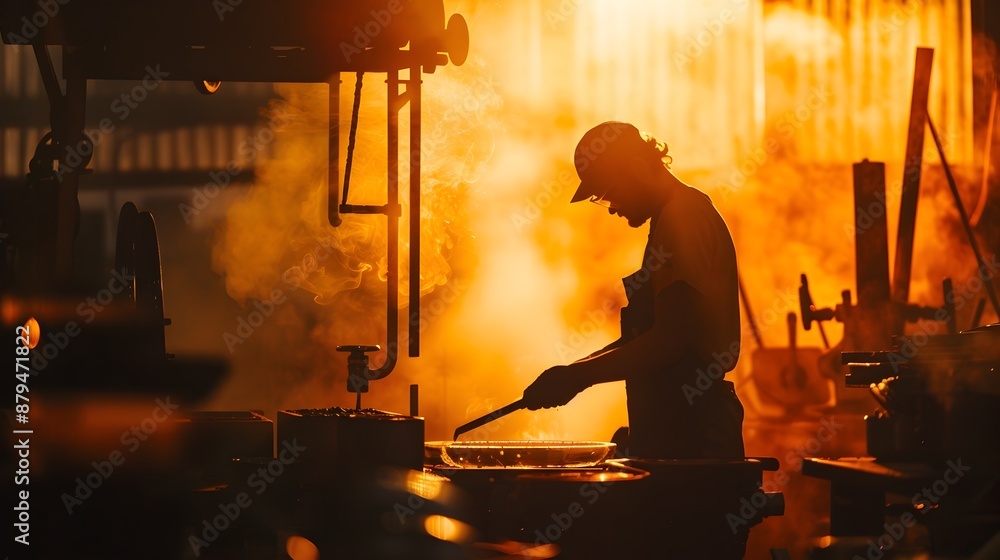 Naklejka premium Silhouetted Glassblower Crafting Creation in Workshop