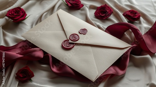 marsala wedding stationery set wedding invitation card mockup envelope wax seal red ribbon on beige silk flat lay top view vertical,image
