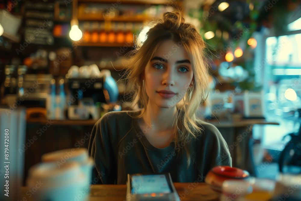 Young woman in a shirt holding a bank payment terminal Young woman in a shirt holding a bank payment terminal
