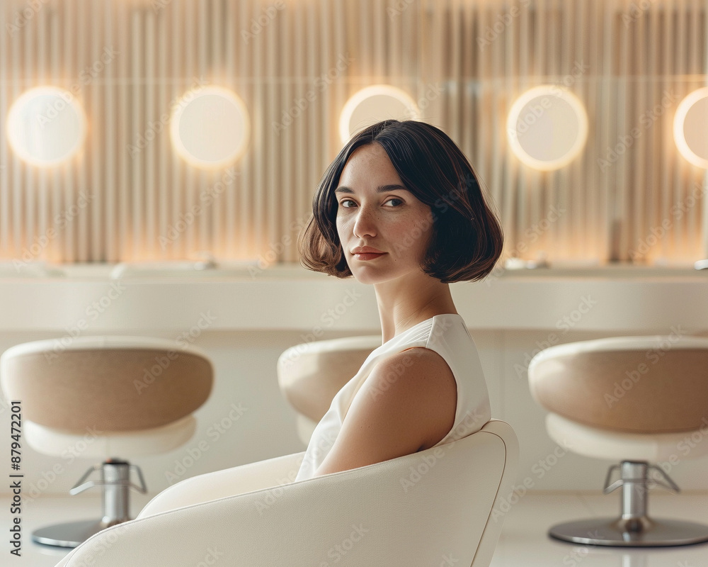 Elegant Woman Sitting in Modern Salon Interior Elegant Woman Sitting in Modern Salon Interior