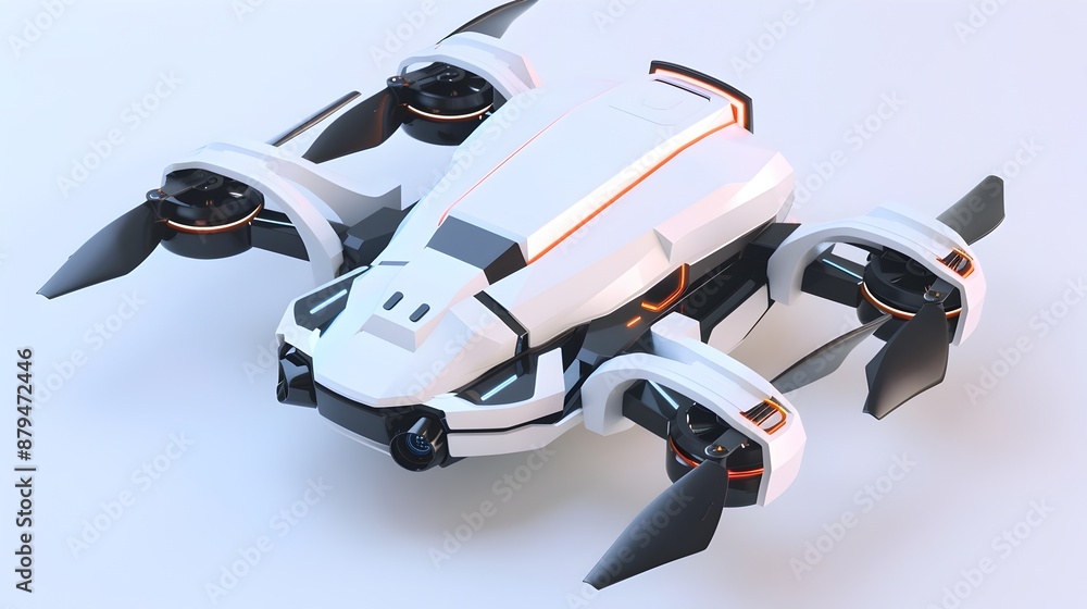 Sleek Futuristic Drone in White with 3D Isometric Rendering Sleek Futuristic Drone in White with 3D Isometric Rendering