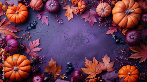 halloween flat lay composition orange maple leaves pumpkins skull ghosts bats skeleton hands on purple background top view,copy space,stock photo