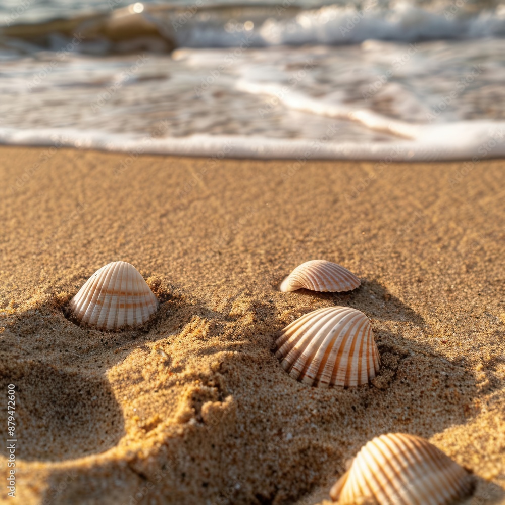 Feet buried in the sand, seashells scattered around, gentle waves in the background, warm sunlight, shot from above, relaxed and beachy Feet buried in the sand, seashells scattered around, gentle waves in the background, warm sunlight, shot from above, relaxed and beachy