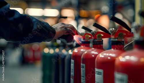 Row of fire extinguishers being inspected in a warehouse setting, highlighting safety equipment and preparedness.