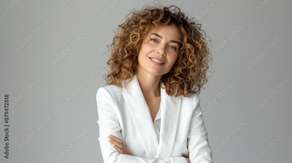 Stylish businesswoman with curly hair in a white suit Stylish businesswoman with curly hair in a white suit