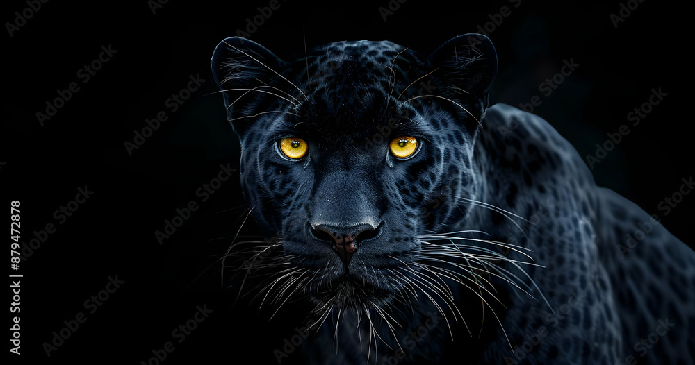 Stunning close-up of a black panther with piercing yellow eyes, set against a dark background, capturing its majestic and mysterious essence. Stunning close-up of a black panther with piercing yellow eyes, set against a dark background, capturing its majestic and mysterious essence.
